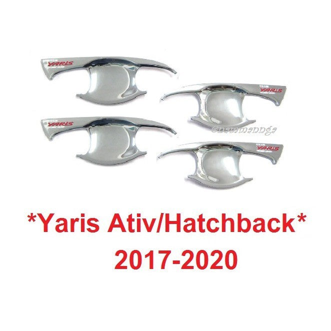 ถาดรองมือเปิดประตู Toyota Yaris Ativ Hatchback 2017-2020 ชุบโครเมี่ยม โลโก้แดง โตโยต้า ยาริส เบ้ากันรอย เบ้ารองมือเปิด